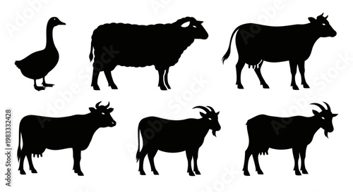 Farm animal silhouettes set: goose, sheep, cow, and goat. Livestock vector icons on white background.