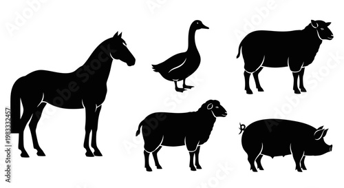Farm Animals Silhouettes Collection - Horse, Goose, Sheep, Pig Vector Icons
