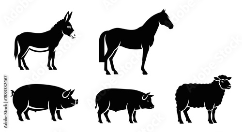 Farm Animals Silhouettes Collection: Donkey, Horse, Pigs, and Sheep Icons