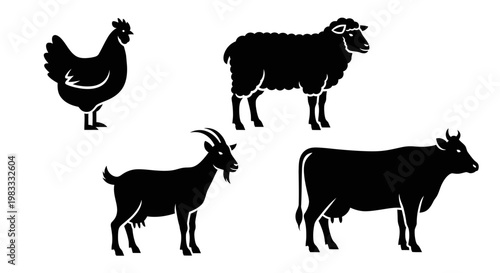 Farm Animals Silhouettes Set: Chicken, Sheep, Goat, and Cow Livestock Icons