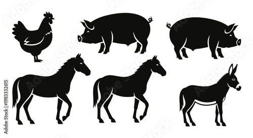 Farm Animals Silhouettes Collection, Domestic Livestock Icons Set
