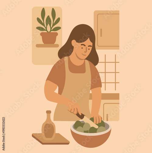 Healthy food flat scenes set — cooking, delivery and organic restaurant in mocha tones