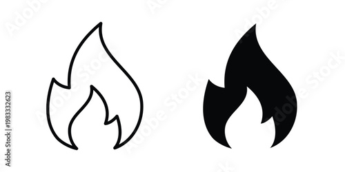 Fire flame icon outline style. Black solid silhouette style icons