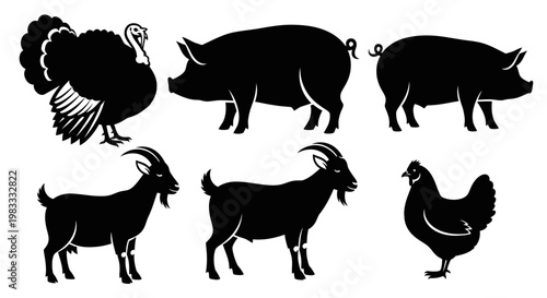 Farm Animals Silhouettes: Turkey, Pig, Goat, and Chicken Collection