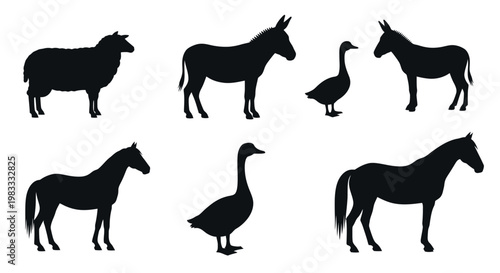 Farm animals silhouettes set, domestic livestock collection
