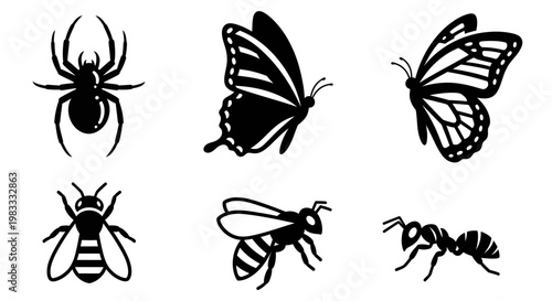 Insect and Bug Silhouettes Collection: Spider, Butterflies, Bees, and Ant Icons