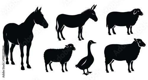 Farm Animals Silhouettes Vector Set: Horse, Donkey, Sheep, and Goose Icons