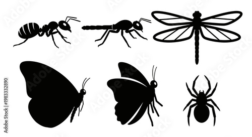 Insect and Bug Silhouettes Vector Set: Ant, Butterfly, Dragonfly, Spider Icons
