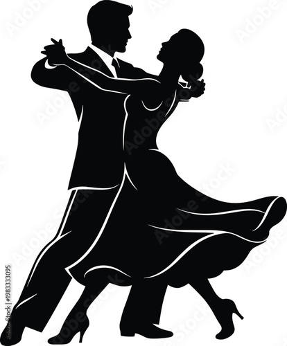 Elegant ballroom dancing couple silhouette performing waltz pose, romantic partner dance movement, classic evening attire isolated on white background, graceful vector illustration design