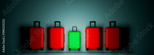 Canvas Print Green carry-on suitcase stands out among red luggage, showing hand luggage size