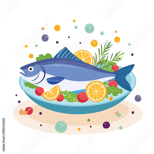 Freshly prepared fish dish with citrus and herbs on a plate illustration