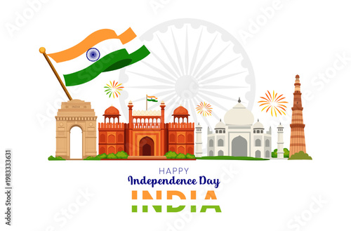 Indian Independence Day illustration with national flag, Ashoka Chakra, India Gate, Red Fort, Taj Mahal and Qutub Minar in flat style on light background.