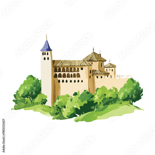 Watercolor illustration of a historic castle on a hillside with greenery