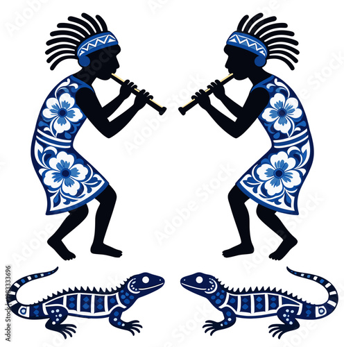 Two musicians playing flutes while standing beside decorative lizards  