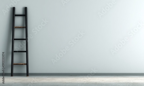 The aluminum foldable ladder and its shadow against a white cement wall