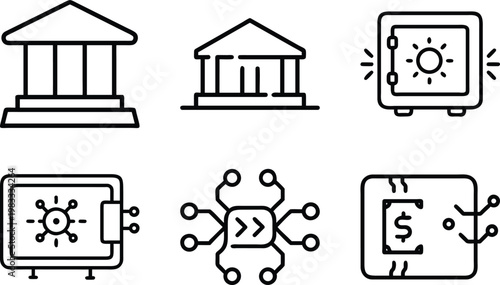 Set of financial and security line icons including bank, safe, blockchain, and smart contract.