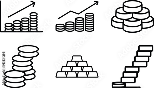 Financial growth charts, stacks of coins and gold bars representing investment success.