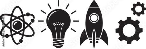 Innovation Icons, Business Symbols, Rocket, Light Bulb, Atom isolated PNG with Transparent Background