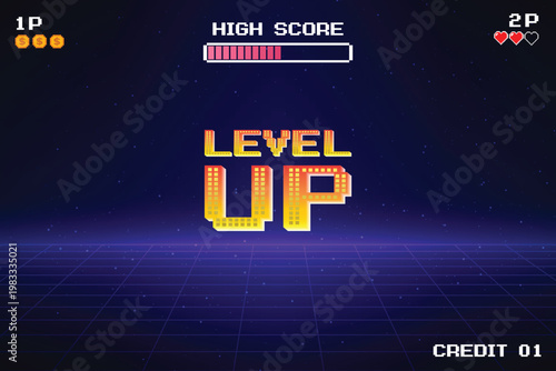 LEVEL UP icon. Pixel art 8 bit. Retro Futurism Sci-Fi Background. glowing neon grid. and stars from vintage arcade computer games
