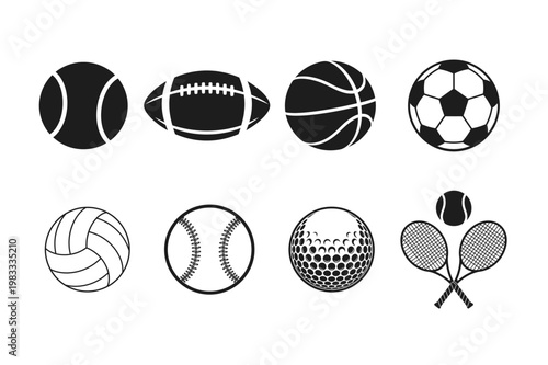 Sports Ball Bundle Soccer Football Basketball Baseball Volleyball Golf Tennis - Silhouette Icon Set SVG Design Vector Illustration