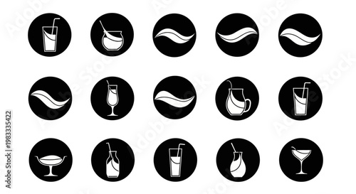 Set of black and white beverage icons with wavy liquid patterns in round frames showing different glass shapes like tall glasses jars bottles and stemware cups