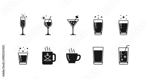 Minimalist sparkling beverage and hot drink icons set featuring champagne flutes wine glasses martini cups coffee mugs and glasses with bubbles and steam lines
