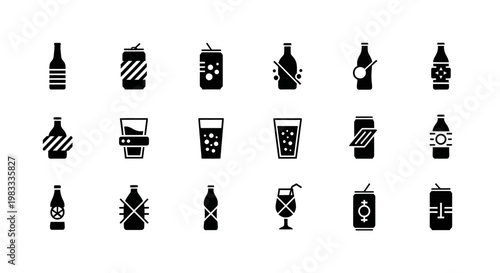 Collection of drink icons featuring various bottles, cans, and glasses, some with indications of restriction or specific designs