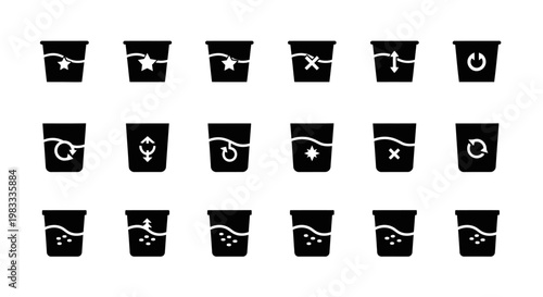Functional water glass icons with interface symbols like power recycle stars arrows and cross marks indicating liquid levels and processing states for app design