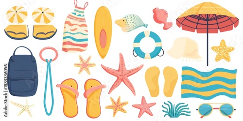 Summer beach vacation collection with travel accessories