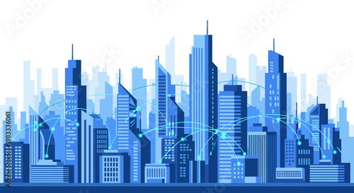 A modern illustration portraying a cityscape interwoven with a data network, conveying progress, connectivity, and innovative growth. Suitable for bus