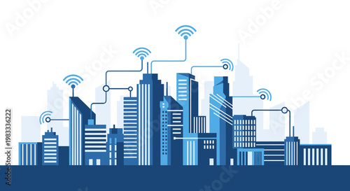 Modern, clean illustration of buildings and a wireless signal. Perfect for depicting innovation, connectivity, and technological advancement in busine
