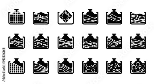 Set of black and white icons representing various liquid and solid states in containers, from full to partially filled and diverse textures