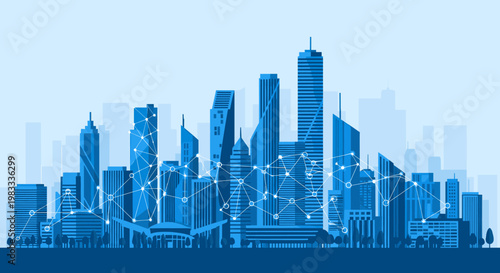 A modern illustration portraying a connected urban landscape, conveying themes of interconnectedness and growth, suitable for business and technology 