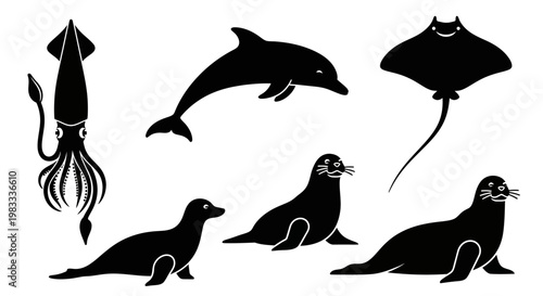 Marine Animals Silhouettes Set: Dolphin, Manta Ray, Squid, and Seals Icons Collection