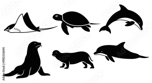 Marine Animals Silhouettes Set: Dolphin, Sea Turtle, Manta Ray, Seal, Manatee