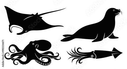 Marine Animals Silhouettes Set: Manta Ray, Seal, Octopus, and Squid Icons