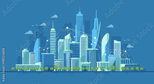 A calming and sophisticated illustration of a modern cityscape, evoking a sense of stability and progress. Ideal for business presentations, website d
