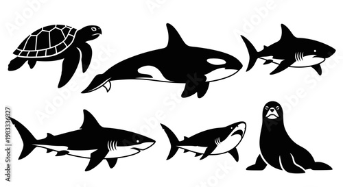 Marine Animals Silhouettes Set: Turtle, Orca, Sharks, and Seal Icons