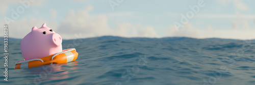 Bild auf Leinwand Pink piggy bank with life preserver floating alone in the vast ocean