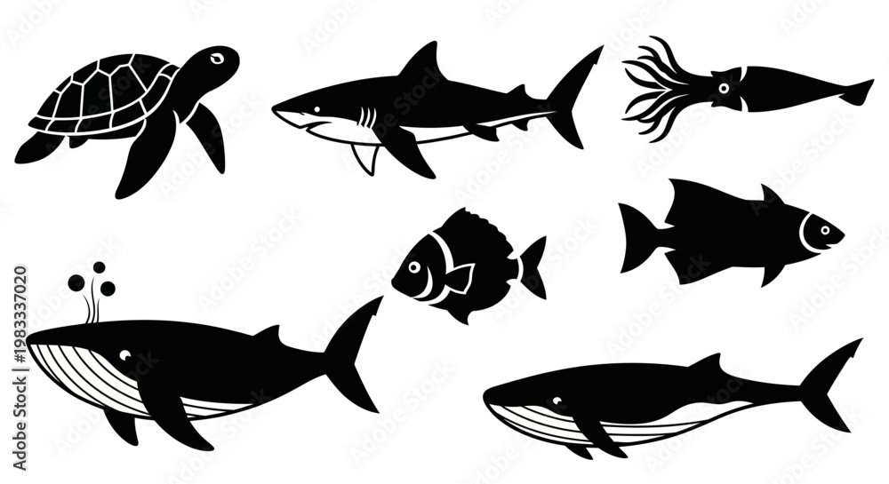 Obraz premium Ocean Wildlife Silhouettes: Turtle, Shark, Squid, Fish, Whale Vector Icons