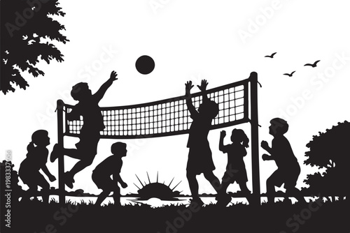 children playing a volleyball game outdoors silhouette vector