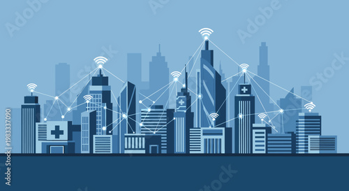 A stylized illustration depicting a modern city skyline with a hospital building. Conveys a sense of progress, stability, and well-being, suitable for
