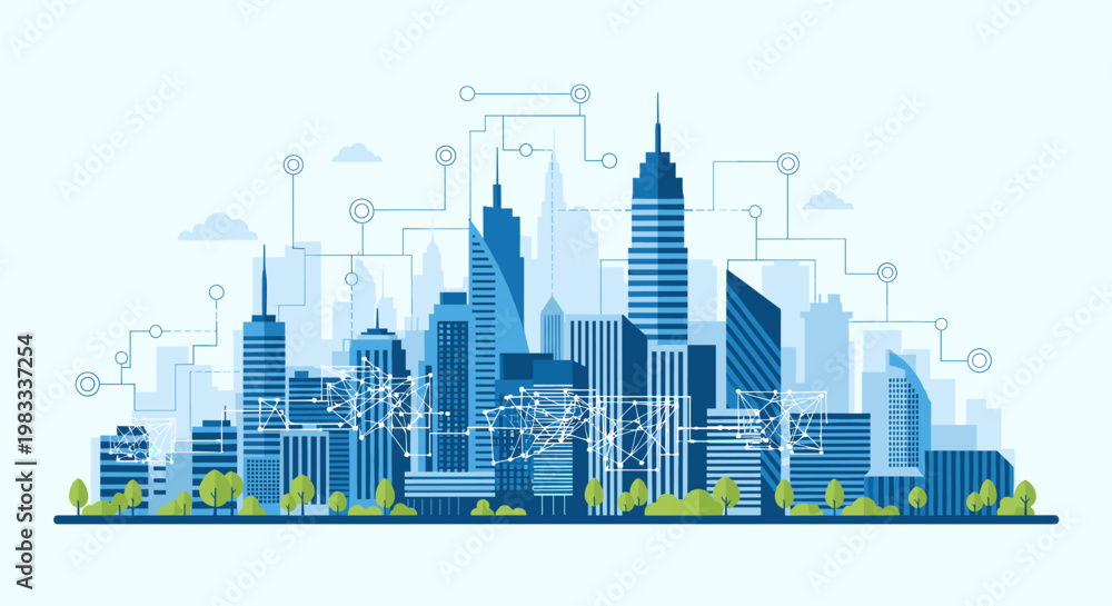 Obraz premium Modern illustration conveying connection, growth, and innovation within a cityscape. Ideal for business presentations, tech blogs, and representing co