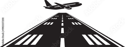 Airplane approaching runway with airplane aircraft transportation aviation propeller commercial navigation perspective illustration silhouette overhead movement