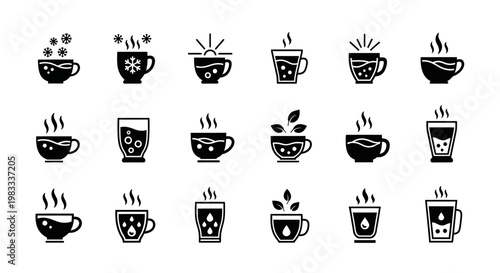Hot and cold drink icons including cups and glasses with steam snowflakes and bubbles representing beverages for cafes and winter themes
