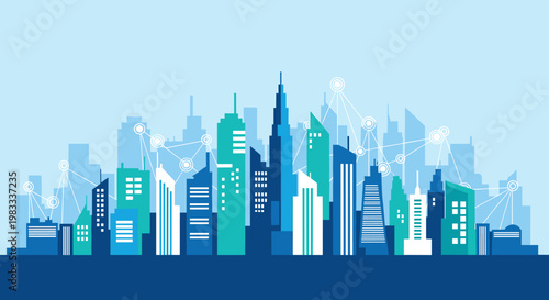 A modern illustration conveying interconnectedness and growth within a city. Ideal for reports, presentations, or marketing materials emphasizing prog