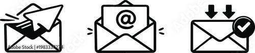 Three email icons depicting sending and receiving messages line art silhouette vector