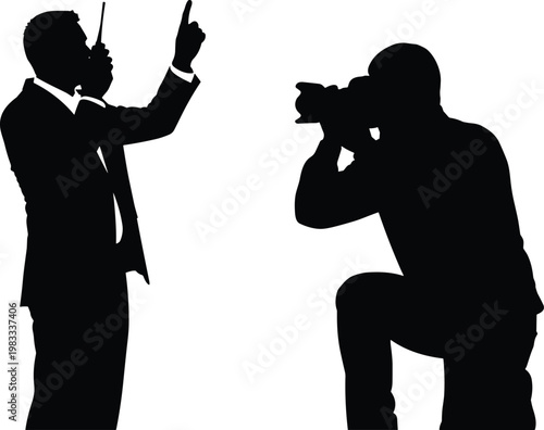 Photographer taking picture of businessman using walkie talkie, communication and media concept silhouettes, professional photography action black vector illustration isolated on white