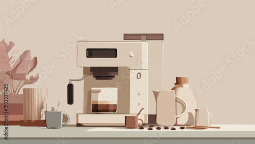 Modern Minimalist Espresso Machine Illustration on Kitchen Counter