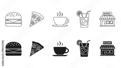 Food Icons Set Outline and Filled Style Burger Pizza Coffee Drink Restaurant Vector Clean UI Grid Pack